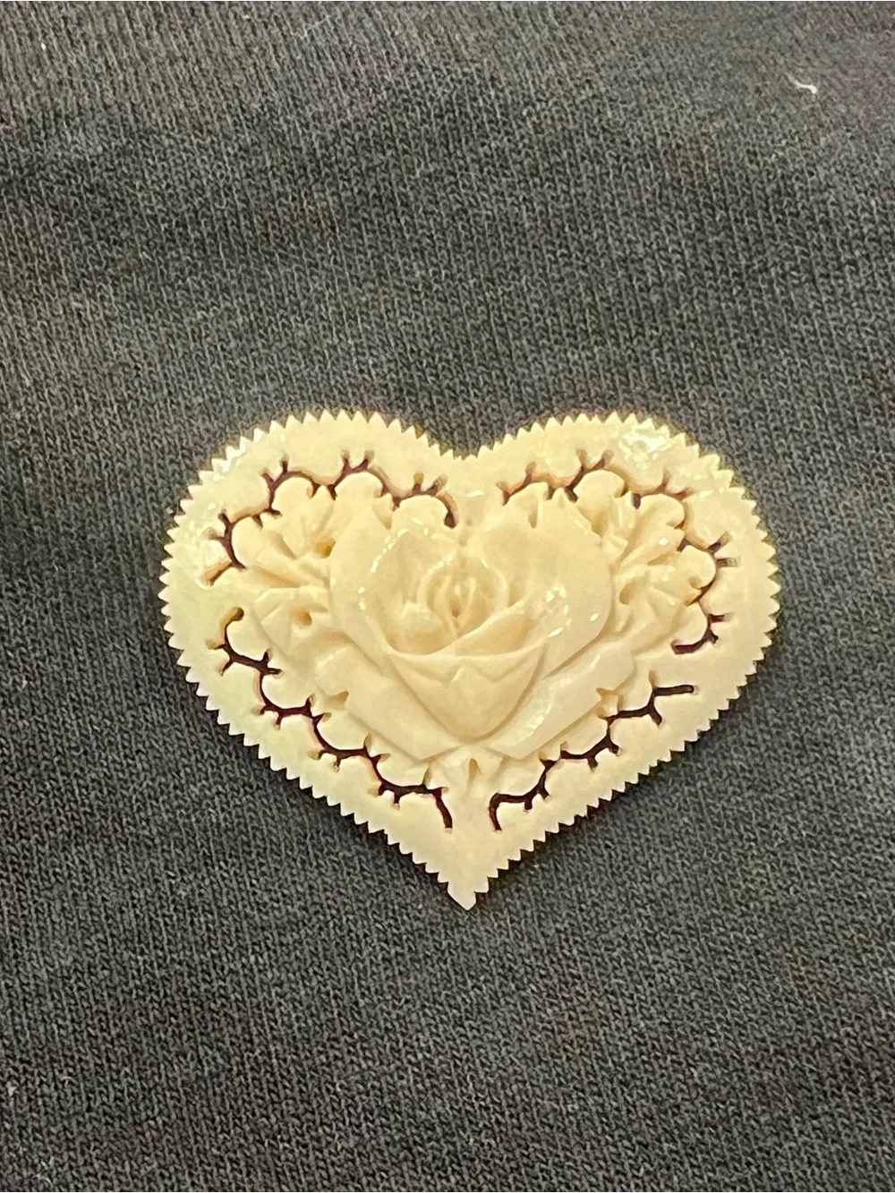 Vintage Celluloid Carved Floral Rose Heart Brooch